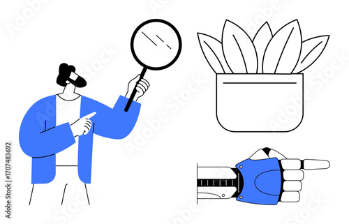 Male figure holding magnifying glass, robotic hand, and potted plant. Ideal for innovation, research, technology, sustainability, curiosity creativity futurism. Simple flat metaphor