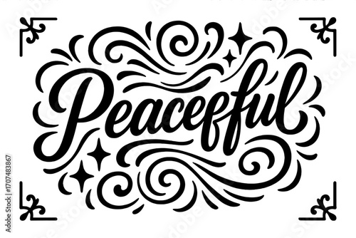 Peaceful Waves Design. “Peaceful”. modern hand lettering, smooth curves, balanced composition, clear readable