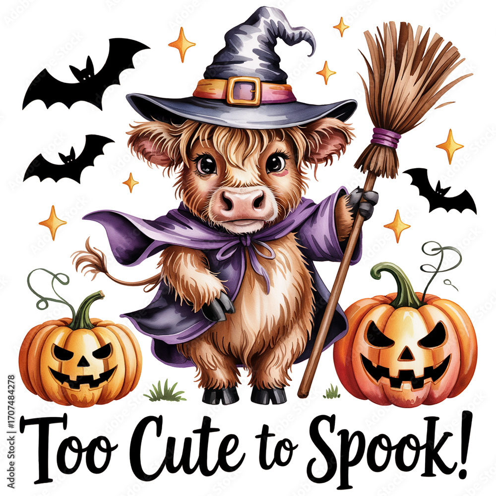 Fototapeta premium Happy Cow with Witch Broom - Cute Halloween Cow Clipart, Pumpkin With Baby Cow t shirt, Spooky Ghost Highland Cow tshirt design 
