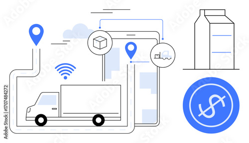 Delivery truck navigating using location markers, connectivity symbols, and a package on screen with a product and currency sign. Ideal for logistics, delivery, supply chain, e-commerce, smart