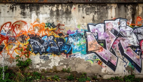 Wallpaper Mural Graffiti Art on Weathered Concrete Wall with Orange Red Purple and Black Lettering and Green Bushes in Urban Street Torontodigital.ca