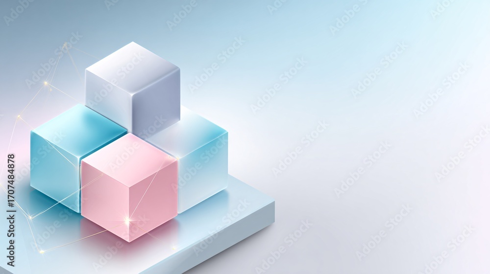 Fototapeta premium 3D abstract blockchain cubes connected with glowing lines, pastel gradient background, minimal copyspace