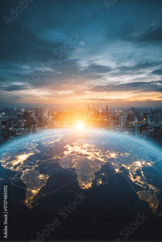 Global connectivity: A cityscape meets Earth's luminous network, symbolizing technology, communication, and future progress.