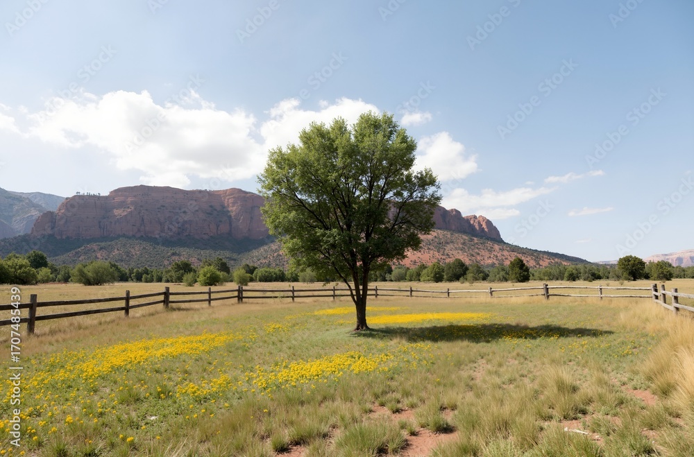 Obraz premium rural landscape with a tree and flowers