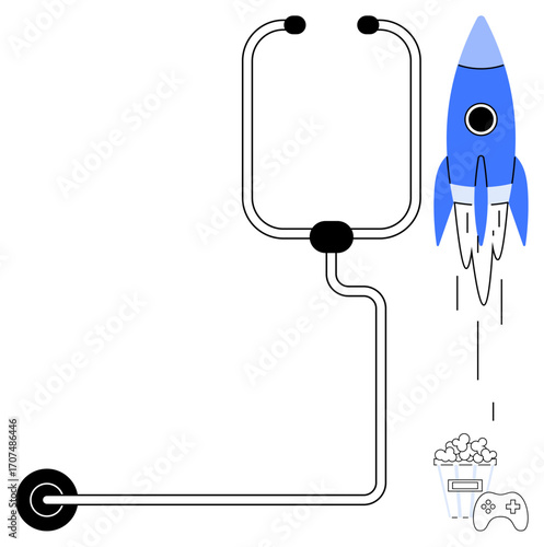 Blue rocket connected to a pipe system beside popcorn and game controller. Ideal for innovation, technology, gaming, entertainment, creativity, fun activities, startup ideas. A simple flat metaphor