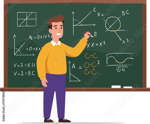 Cartoon male math teacher explaining equations on blackboard, classroom education scene, algebra lesson, teacher character, chalkboard vector illustration