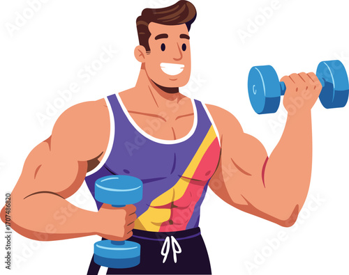Cartoon muscular man lifting dumbbells, fitness workout, weightlifting exercise, strong bodybuilder, gym training, healthy lifestyle, male athlete illustration