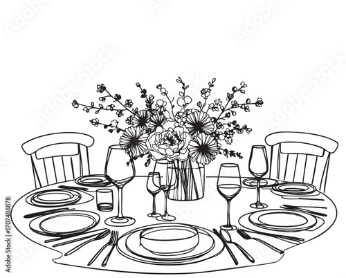 Hand drawn dinner table with flowers vector illustration. Sketch