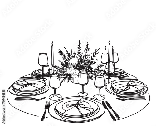 Hand drawn dinner table vector illustration. Sketch