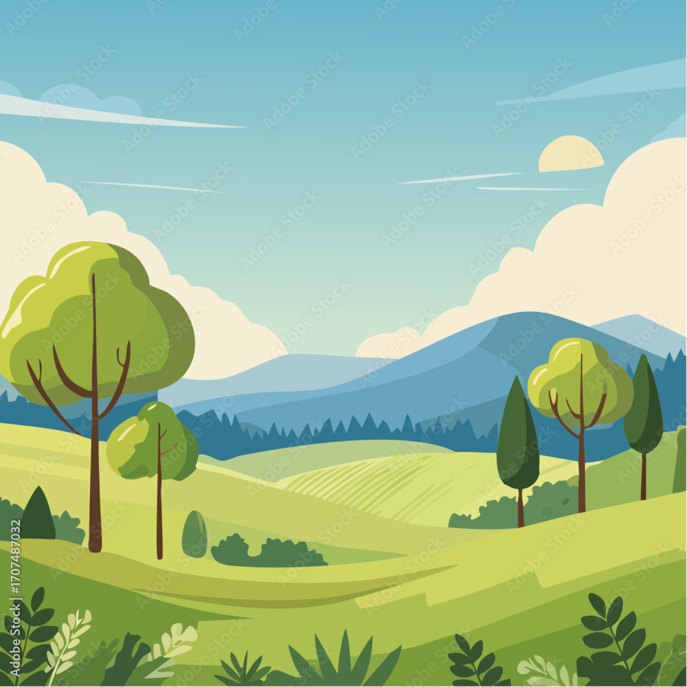 Fototapeta premium summer landscape with trees in the foreground and hills
