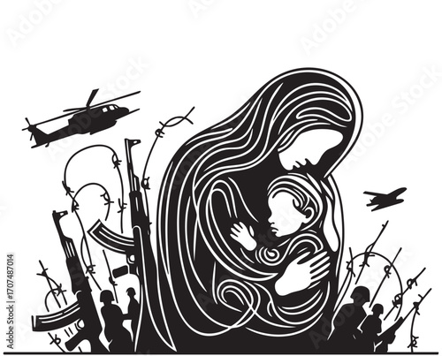 Woman and child. Mother protect child from war line sketch