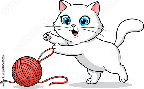 Cute white cat playing with red yarn ball, playful kitten, pet fun, animal behavior, happy cat, domestic pet, feline activity, adorable kitten
