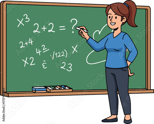 Female teacher at chalkboard teaching math, educational classroom concept, smiling instructor with equations, back to school scene, learning environment