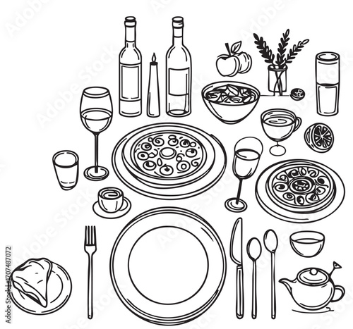 Table settings serving with plate, forks, spoons, knife. Table etiquette. doodle hand drawn icon set