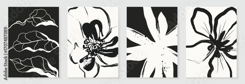 Abstract botanical poster vector set. Leaves, flower in monochrome. Illustration design for Eco packaging, interior, cover, wall art, wallpaper.
