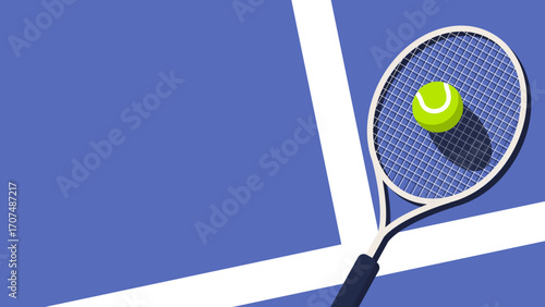 A bright green tennis ball rests on a blue court.