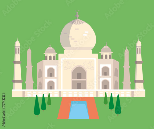 Taj Mahal, famous palace in India. Landmark and symbol of country. Isolated flat vector illustration on background.