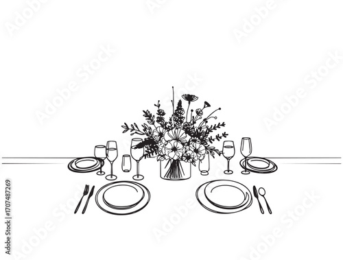 Hand drawn dinner serving table with flowers vector illustration. Sketch