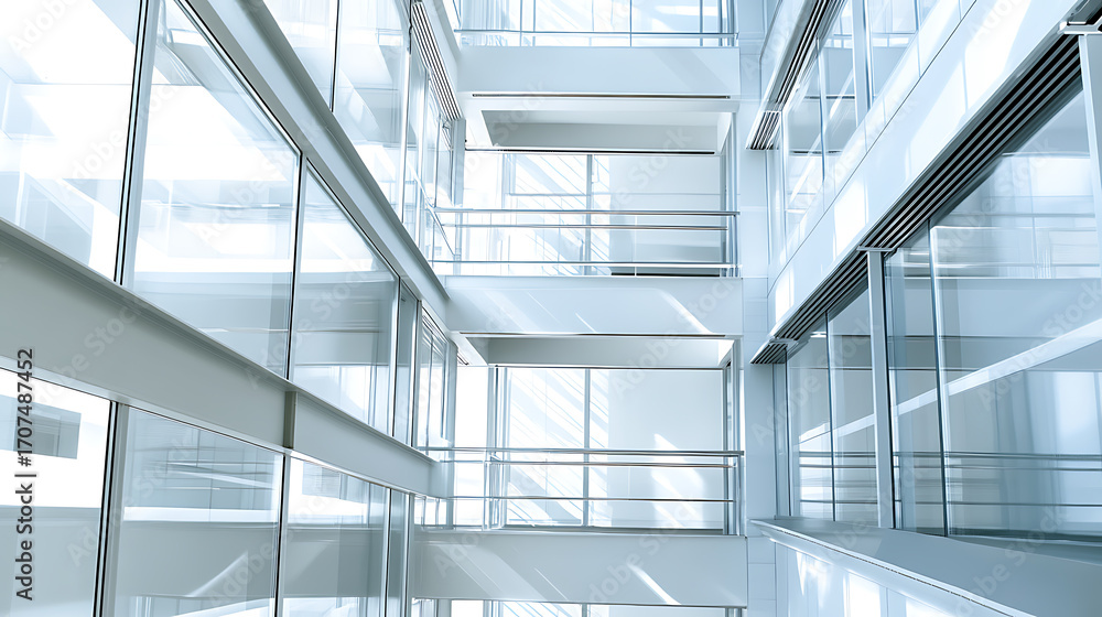 Obraz premium Modern glass and steel interior of a multi-level building atrium with natural light