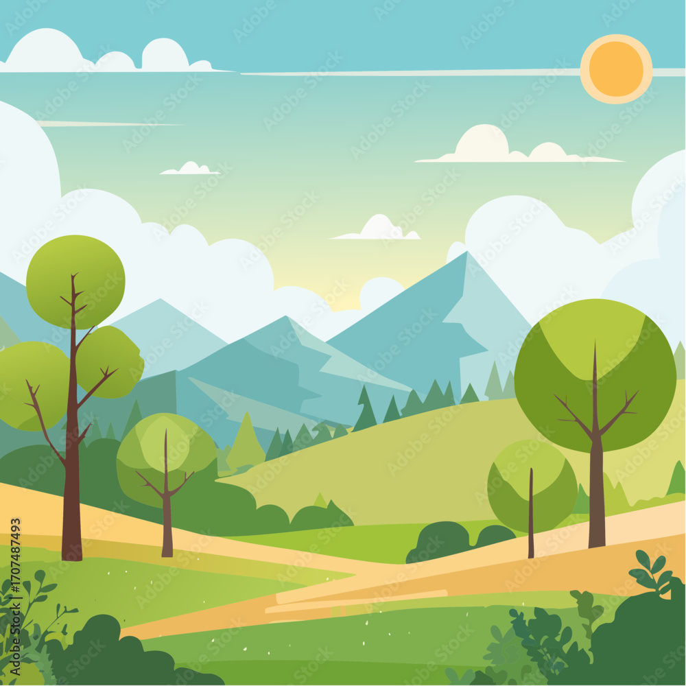 Fototapeta premium summer landscape with trees in the foreground and hills