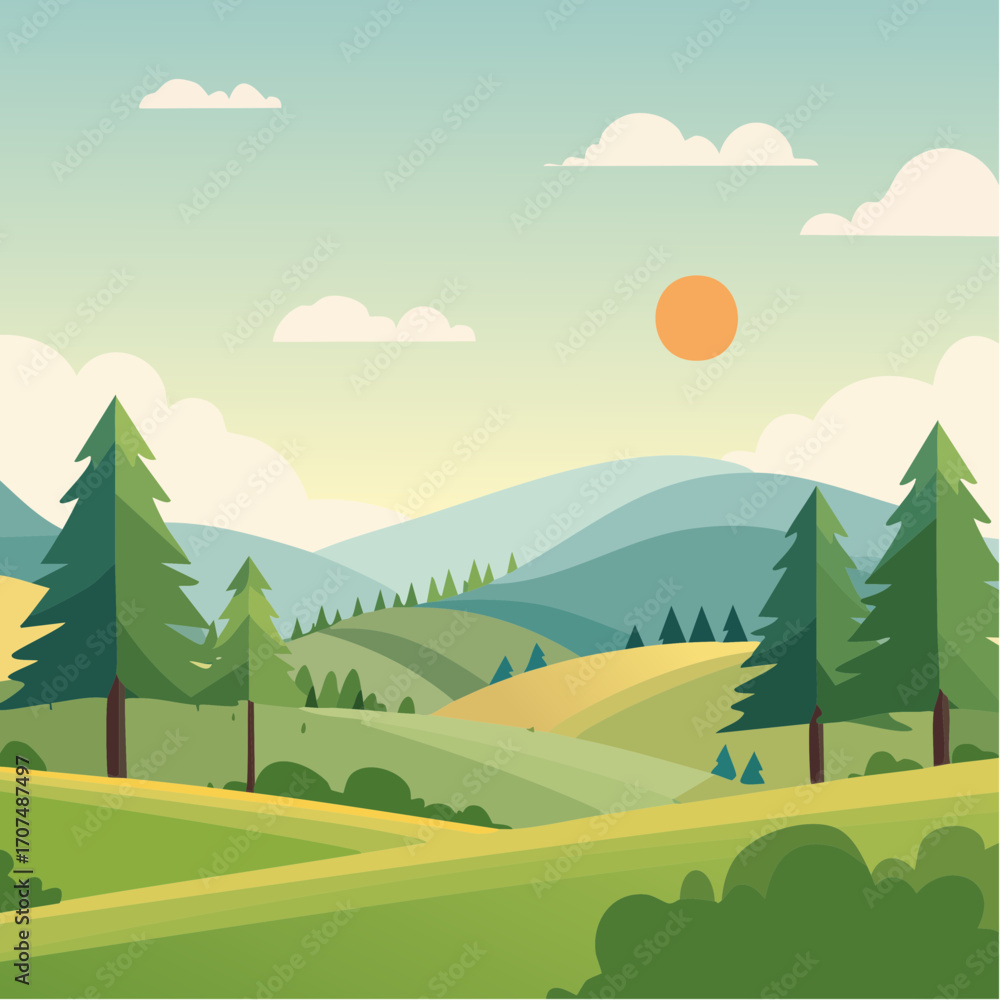 Obraz premium summer landscape with trees in the foreground and hills