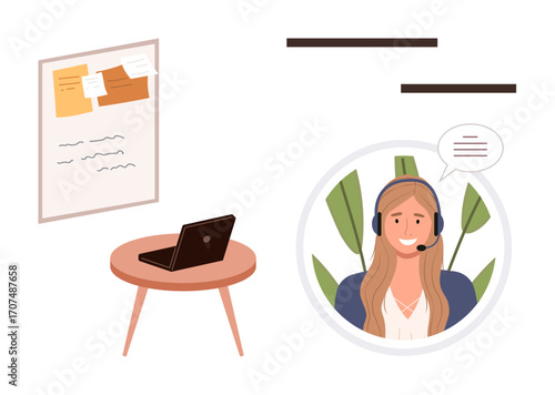 Smiling woman with headset speaking in call, laptop on desk nearby, board with notes for task planning. Ideal for customer support, communication, teamwork, service management, remote work