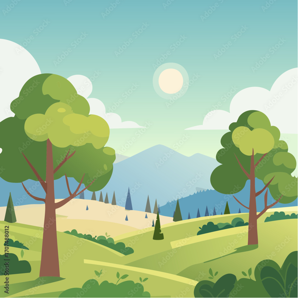 Fototapeta premium summer landscape with trees in the foreground and hills