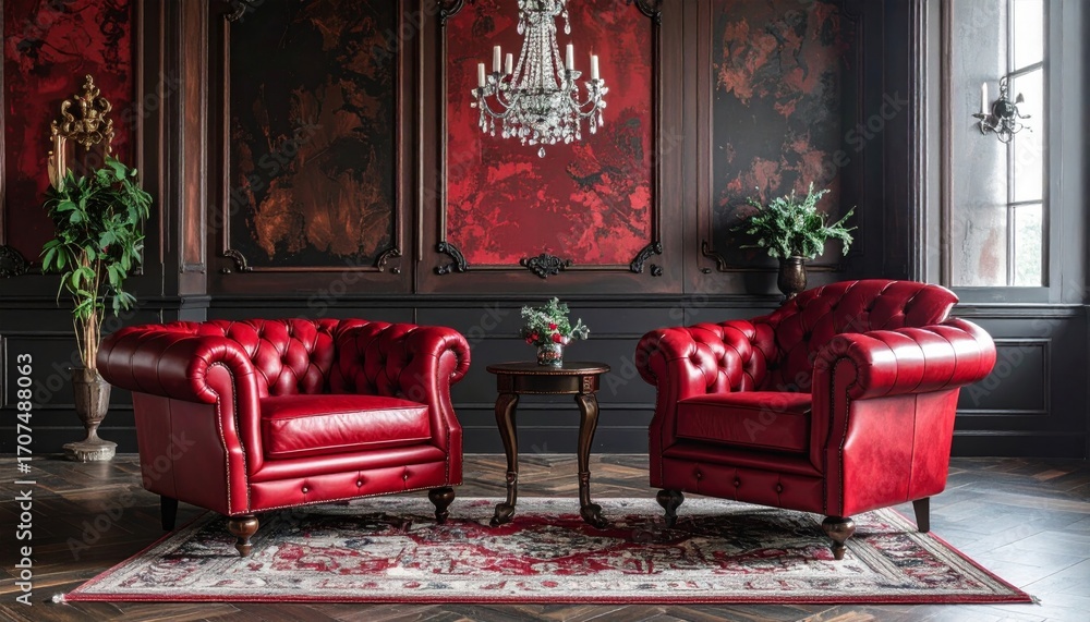 Fototapeta premium Interior of a vintage living room with classic wood furniture, a sofa, and an antique fireplace under a large window