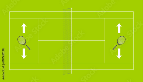Illustration of a tennis court with player positions marked.