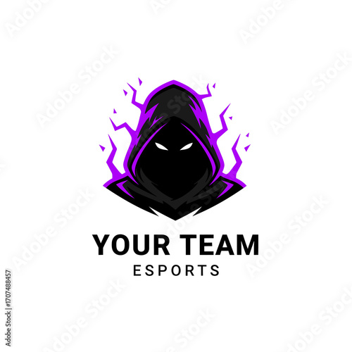 Esports team logo featuring a hooded figure with glowing eyes and purple energy effects.