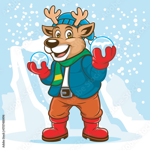 Cartoon Reindeer Playing with Snowballs in Winter