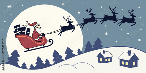 Santa Claus delivering gifts illustration. Santa in sleigh with reindeer flying over snowy rooftops, holding gift bags. Magical and joyful Christmas concept.