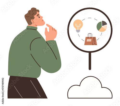 Man thinking deeply while viewing shopping bag, lightbulb, and pie chart through magnifying glass. Ideal for problem-solving, innovation, strategic analysis, business growth, decision-making