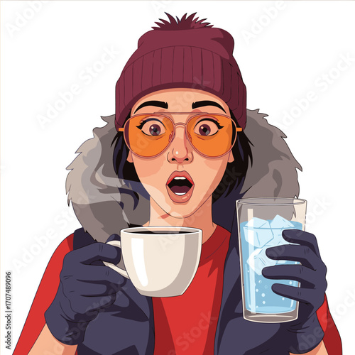 Shocked woman holding steaming hot coffee and icy cold water, contrasting temperatures surprise