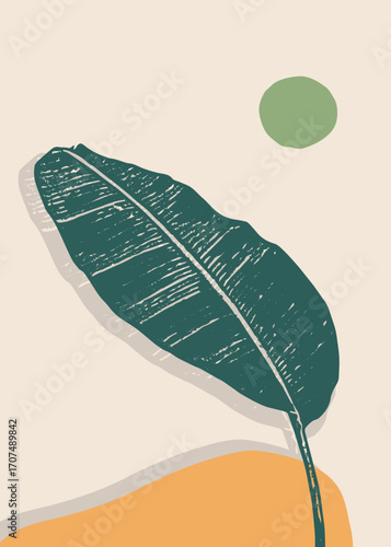 Banana leaf silhouette with abstract pastel shapes and sun background for wallpaper, poster, and artwork. Perfect for tropical invitations, prints, cards, branding, and modern botanical design.