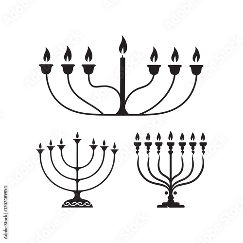 A collection of elegant menorah silhouettes, each with candle holders and a central shamash.