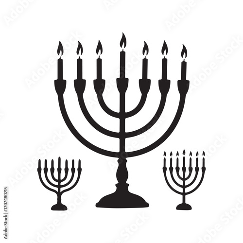 A collection of elegant menorah silhouettes, each with candle holders and a central shamash.