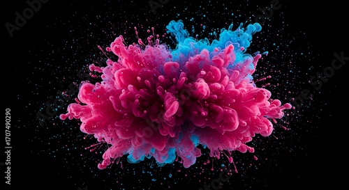 鮮やかピンク青インク爆発 闇背景 躍動感あふれる色彩 (Azayaka pink ao INKU bakuhatsu yami haikei yakudokan afureru shikisai) Translation: Vivid pink and blue ink explosion, dark background, dynamic color.. AI Generated