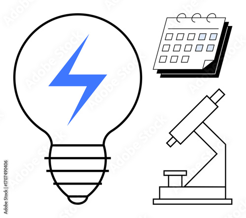 Light bulb with a lightning bolt denotes ideas, calendar suggests organizational planning, and microscope symbolizes scientific research. Ideal for creativity, productivity, education, science