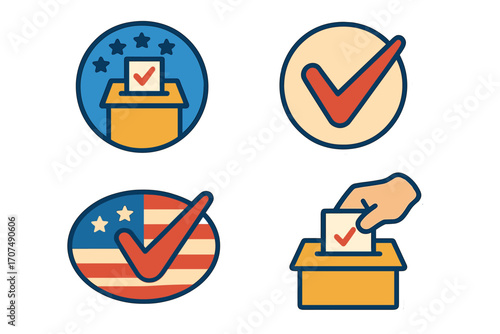 USA election vector icon set. Patriotic American vote stickers. Hand putting ballot in box, check mark and flag symbol. Democracy and political campaign cartoon illustration.