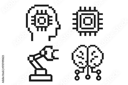 Artificial intelligence pixel icon set. AI technology concepts. Machine learning, robot arm, cpu chip, cyber brain. Retro 8-bit video game sprite style vector elements.