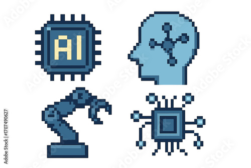 Artificial intelligence pixel art icon set. Technology symbol collection. 8-bit retro game style. AI, robot arm, CPU, processor, neural network, machine learning concept vector.