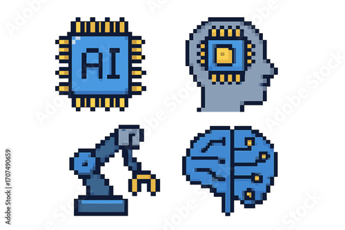Artificial intelligence pixel art icon set. Technology concepts with AI chip, robot arm, cyborg head, digital brain. Vector cartoon illustration for machine learning, future tech.