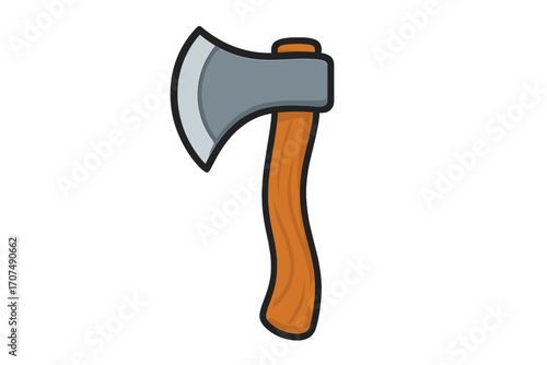 Axe icon in a flat cartoon style. Vector illustration of a woodcutter or lumberjack tool. Weapon symbol for woodworking, camping or survival concepts. Sharp blade.