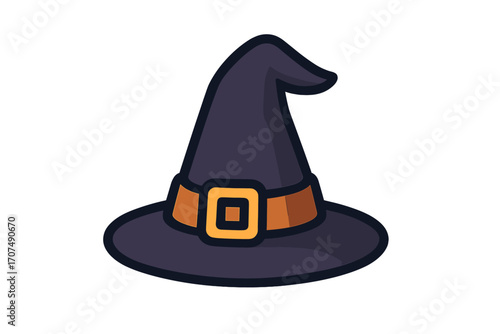 Witch hat vector icon for Halloween. Magic sorceress cap cartoon illustration. Simple wizard headwear for witchcraft and fantasy themes. Isolated flat design costume element.