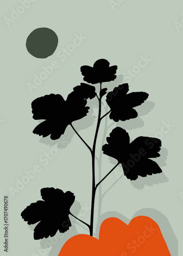 Acer sycamore maple leaf silhouette with bold black foliage, earthy orange base, and soft pastel green background. Perfect for wallpaper, poster, print, card, packaging, banner, and modern artwork.