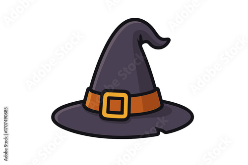 Witch hat vector icon. Halloween costume accessory. Magic wizard cap for fantasy sorcery. Pointed hat illustration for spooky witchcraft party. Mysterious sorcerer headwear.