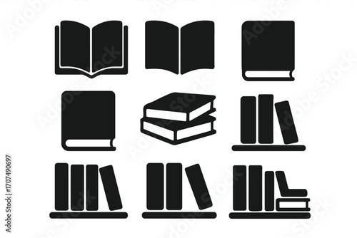 Book icon set. Black solid silhouettes. Open, closed, stacked books and bookshelf pictogram. Library, education, reading, learning, knowledge, literature concept symbol.