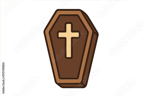 Coffin icon with christian cross. Casket vector illustration for halloween design. Funeral, death, burial symbol. Religious, gothic, horror graphic element. Isolated wooden cartoon grave.
