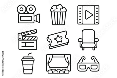 Movie night linear icon set. Cinema entertainment symbols in a simple outline style. Vector collection with popcorn, film camera, clapperboard, 3D glasses, and tickets.